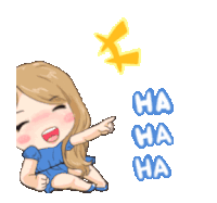 a cartoon girl in a blue dress is laughing with the words ha ha ha on the bottom