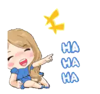 a cartoon girl in a blue dress is laughing with the words ha ha ha on the bottom