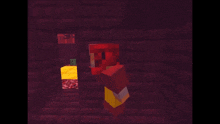 a screenshot of a video game called minecraft shows a character with a red cape standing in a dark room