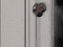a blurred image of a door with a pink and green rocket in the background