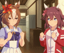 two anime girls are standing next to each other and one has a flower on her head