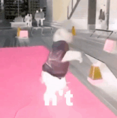 a person is standing on a pink carpet with the word n ' t on it