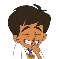 a cartoon boy covering his mouth with his hand and laughing