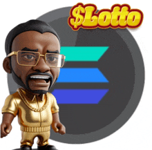 a man wearing glasses and a gold outfit stands in front of a sign that says lotto