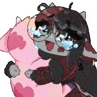 a pixel art of a girl hugging a pink pillow with hearts on it