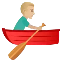 a man in a red boat with a wooden paddle