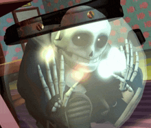 a skeleton wearing a helmet with a yellow circle on it