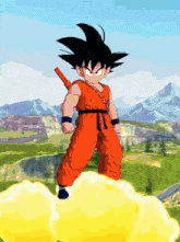 a cartoon of a young goku standing on a cloud with mountains in the background