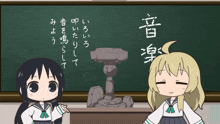 two anime girls are standing in front of a blackboard with asian writing