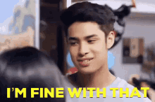 a young man says i 'm fine with that while looking at a woman .