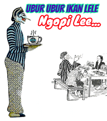 a cartoon of a man holding a tray with a cup of coffee and the words ngopi lee