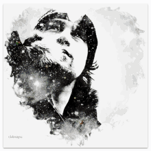a black and white painting of a man with a galaxy background