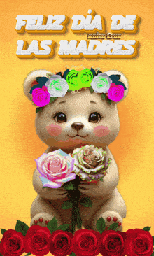 a teddy bear with flowers on its head is holding a bouquet of roses