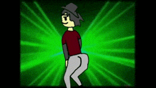 a cartoon of a man in a top hat dancing in front of a green background .
