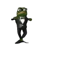 a frog wearing a tuxedo and bow tie is dancing