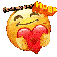 a smiley face is holding a red heart with the words sending gay hugs above it
