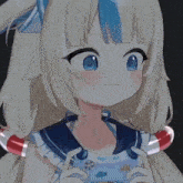 a girl with blonde hair and blue eyes is wearing a sailor outfit and holding a candy cane