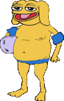 a cartoon of a yellow dog with muscles and blue shorts standing with his arms crossed