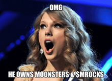 a woman with a surprised look on her face with the caption omg he owns moonsters & $ mrocks