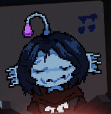 a pixel art of a person with a purple flower in their hair