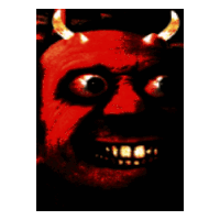 a close up of a devil 's face with horns and big teeth