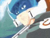 a close up of a person holding a sword with the number 1 on it