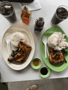 two plates of food on a table including rice and a chicken