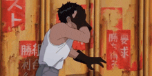 a man in a white tank top and black gloves stands in front of a wall with chinese writing on it
