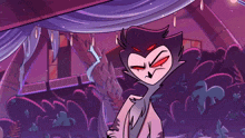 a cartoon character with red eyes is standing in a purple room