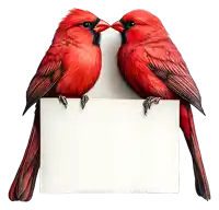 a couple of red birds sitting on a white sign