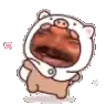 a cartoon bear wearing a pig costume with its mouth open and a heart .