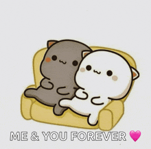 a cartoon of two cats laying on a couch with the words me & you forever below them