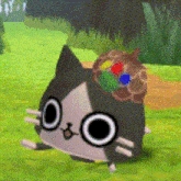 a black and white cat with a colorful hat on its head is sitting on the grass .