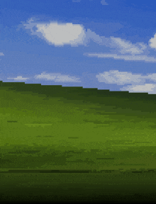 a pixel art of a grassy hill with a blue sky