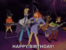 a group of scooby doo characters are dancing and singing with the words " happy birthday " in the corner