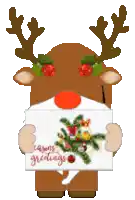 a reindeer with a red nose is holding an envelope that says merry greetings