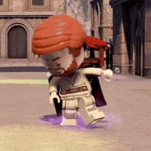 a lego figure with a beard is standing on a purple carpet