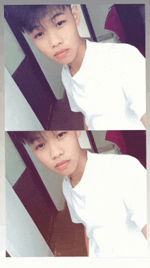 a young boy in a white shirt is taking a picture of himself