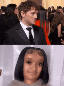 a man in a suit and tie and a woman with a wig on