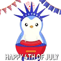 a penguin with a statue of liberty hat is sitting in a bowl of hot dogs
