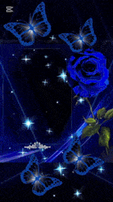 a picture of blue roses and butterflies with the word sine on the bottom right