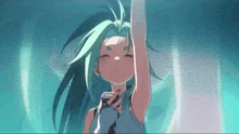 a cartoon girl with long green hair is holding a cell phone in her hand .