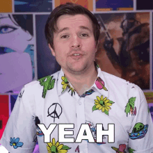 a man wearing a shirt that says yeah