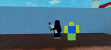 two roblox characters are standing next to each other with one holding a gun