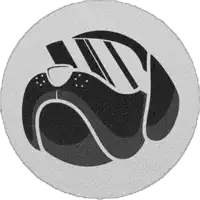 a circle with a black and white drawing of a dog on it