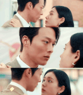 a man and a woman are looking at each other with their eyes closed