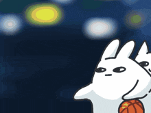 a cartoon drawing of a rabbit holding a basketball in its mouth