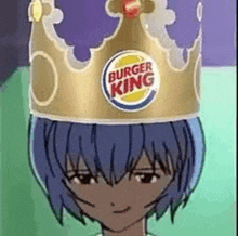 a cartoon girl with blue hair is wearing a burger king crown on her head .