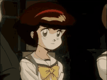 a cartoon girl with red hair is wearing a school uniform and a yellow bow tie .