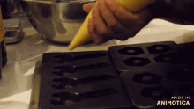 a person is pouring something into a tray that says made in animotica on the bottom